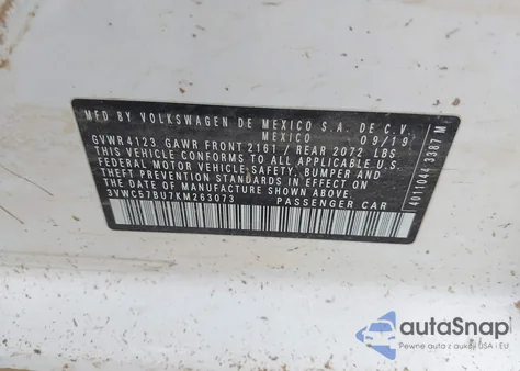 2019 Volkswagen Jetta S/Se/R-Line z USA, uszkodzony, nr VIN 3VWC57BU7KM263073